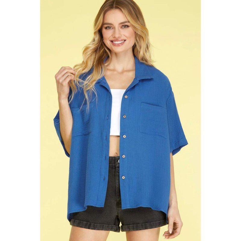 Women's Blue Button Down Top
