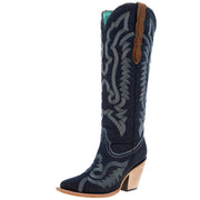 Women`s Denim and White Embroidered 16In Top Boot