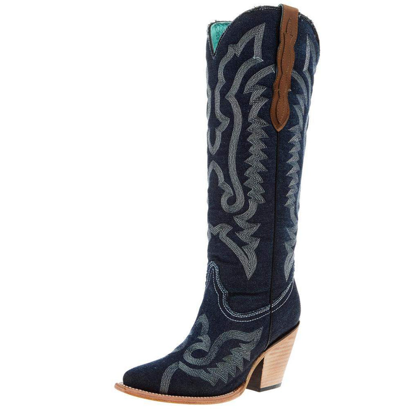 Women`s Denim and White Embroidered 16In Top Boot