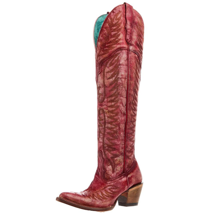 Women`s Distressed Red Embroidered 20In Top Boot