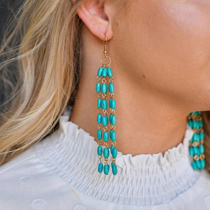 Green Beaded Tassel Earrings
