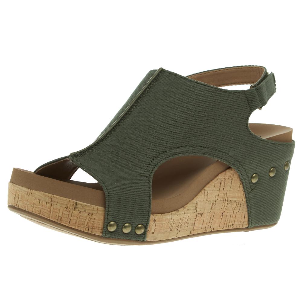 Corkys Footwear Women`s Corky Carley Khaki Canvas Wedge Sandal