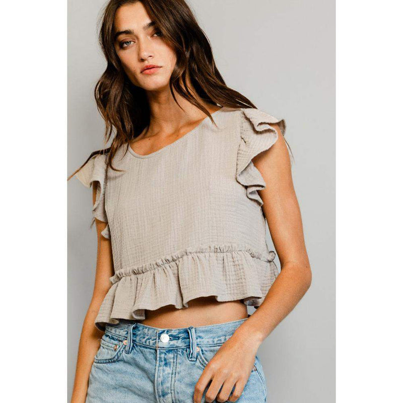 Bucketlist Women's Taupe Gauze Cropped Peplum Blouse