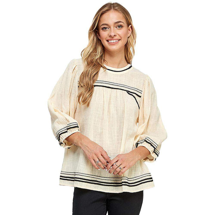 See And Be Seen Women's Cream Trimmed 3/4 Sleeve Top