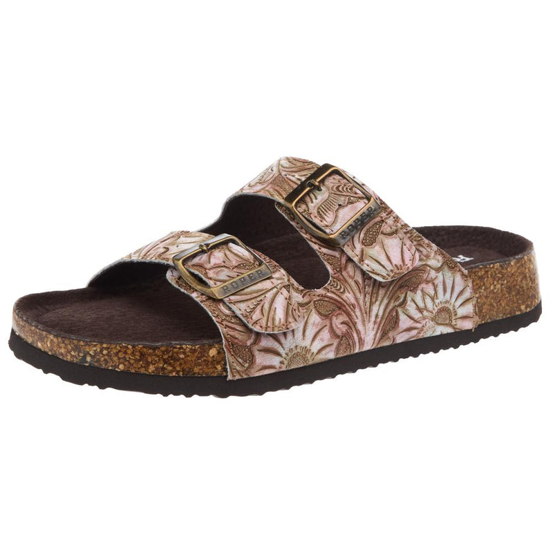 Womens Delilah Tan Floral Embossed Faux Leather Buckle Sandal