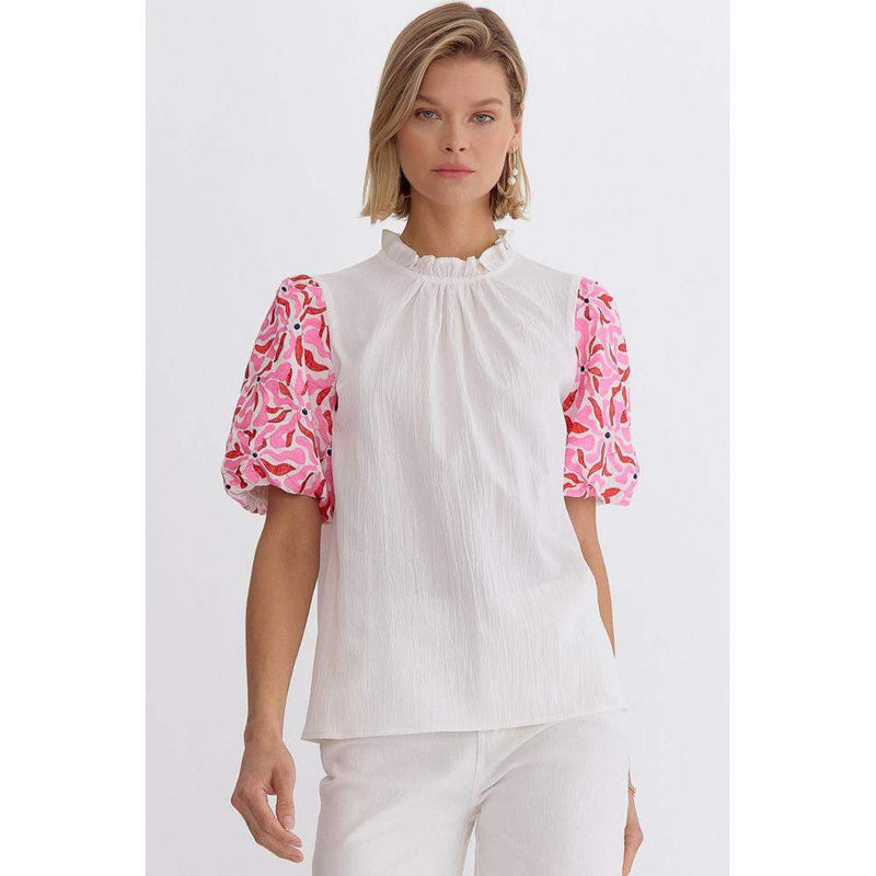 Women's White Contrasting Sleeve Top