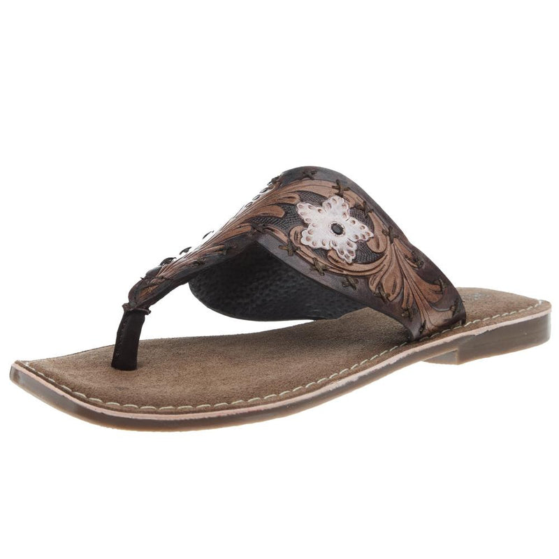 Womens Juliet Brown Painted Tooled Leather Thong Sandal