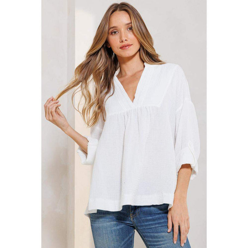 Ces Femme Women's White Gauze Rolled Sleeve Top