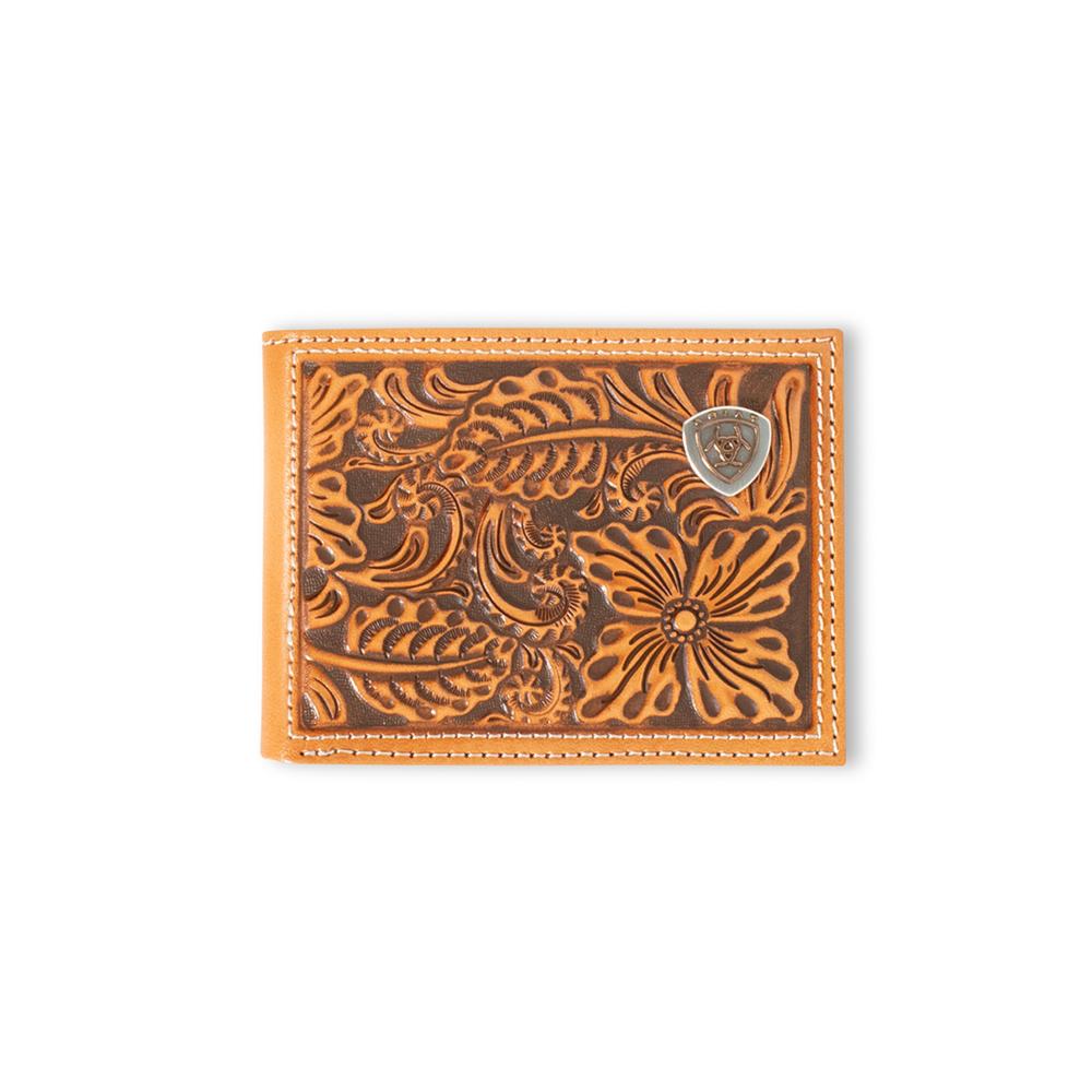 ARIAT Bifold Floral Embossed Logo Wallet – Nutmeg Leather, Western Style, One Size
