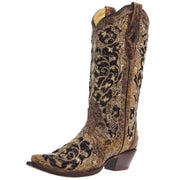 Women`s Brown Inlay and Flowered Embroidery 13In Studs and Crystals Boot