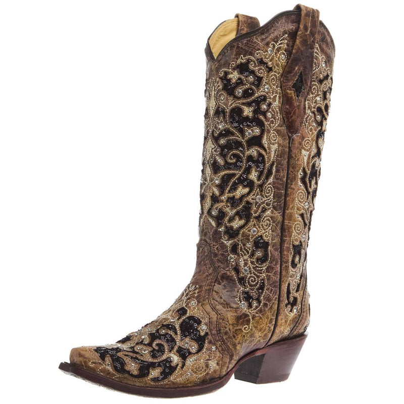 Women`s Brown Inlay and Flowered Embroidery 13In Studs and Crystals Boot