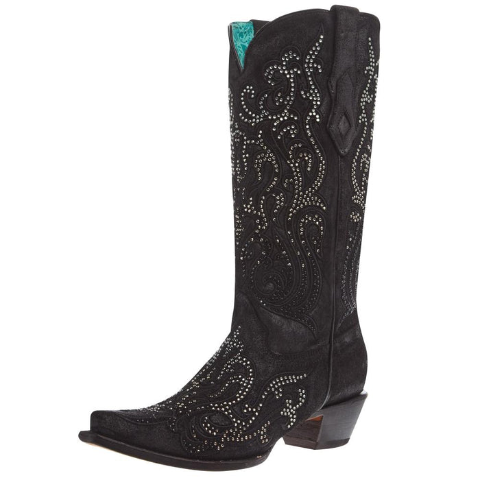 Women`s Black Embroidered with Crystals 13In Top Boot