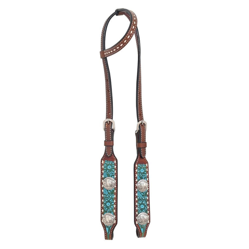 Turquoise Floral Buckstitch Single Ear Headstall w/Buffalo Nickel Conchos