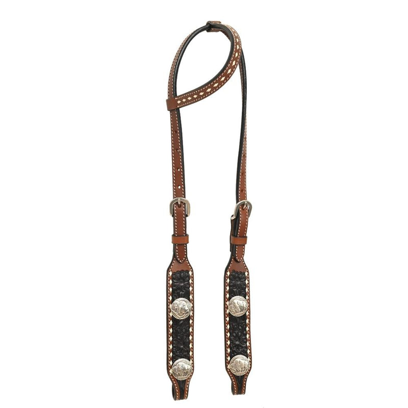 Black Floral Buckstitch Single Ear Headstall w/Buffalo Nickel Conchos
