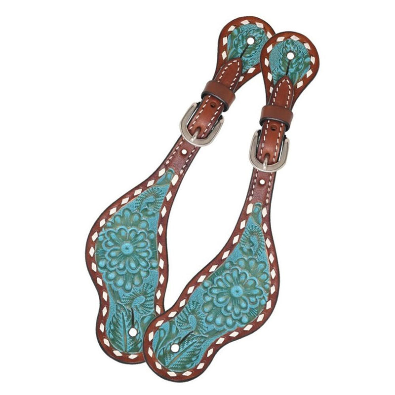 Turquoise Floral Buckstitch Ladies Spur Straps
