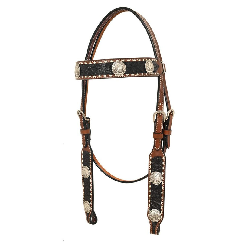 Black Floral Buckstitch Browband Headstall w/Buffalo Nickel Conchos