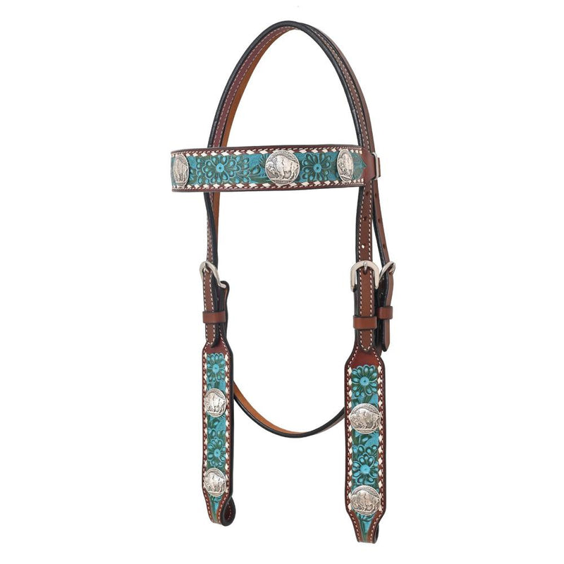 Turquoise Floral Buckstitch Browband Headstall w/Buffalo Nickel Conchos