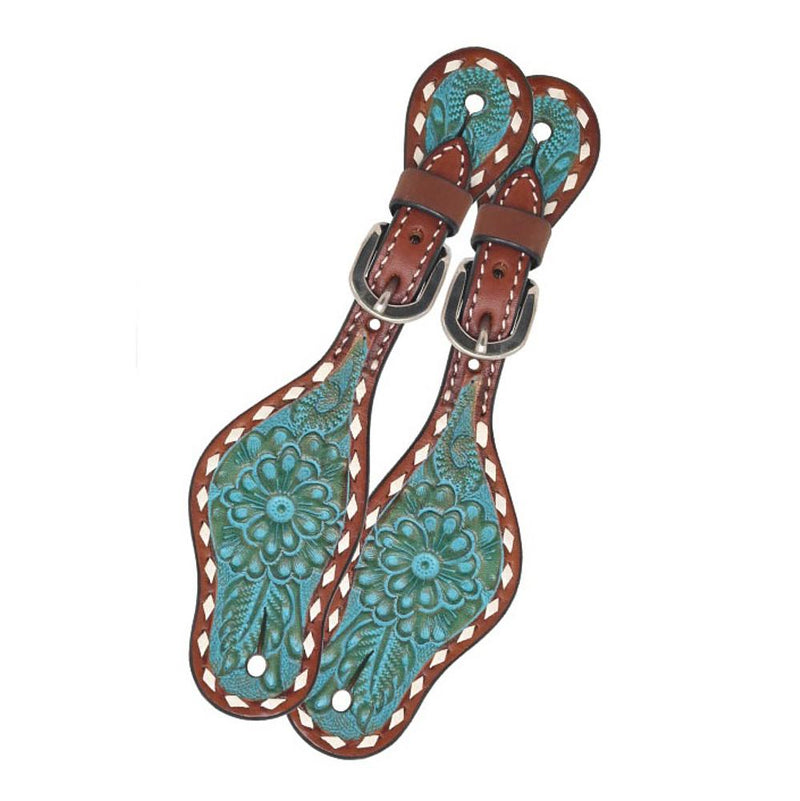 Turquoise Floral Buckstitch Kid`s Spur Straps