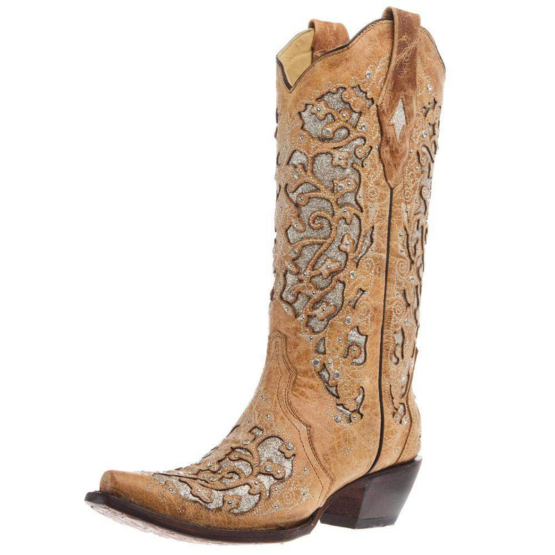 Women`s Beige Inlay Studs & Crystal Snip Toe Boot