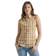 Women's Yellow Plaid Sleeveless Snap Shirt