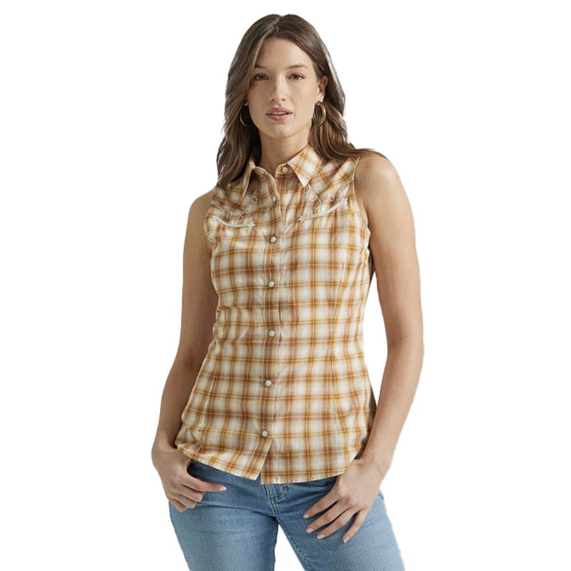 Women's Yellow Plaid Sleeveless Snap Shirt
