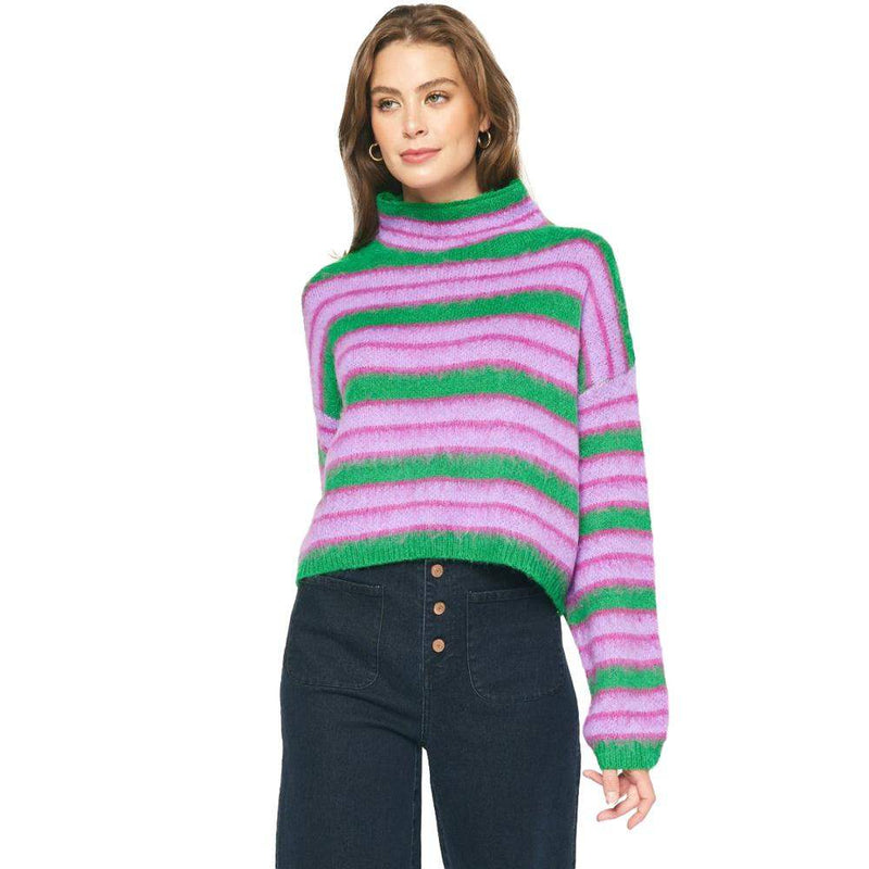 Entro Women's Green and Lavender Striped Sweater