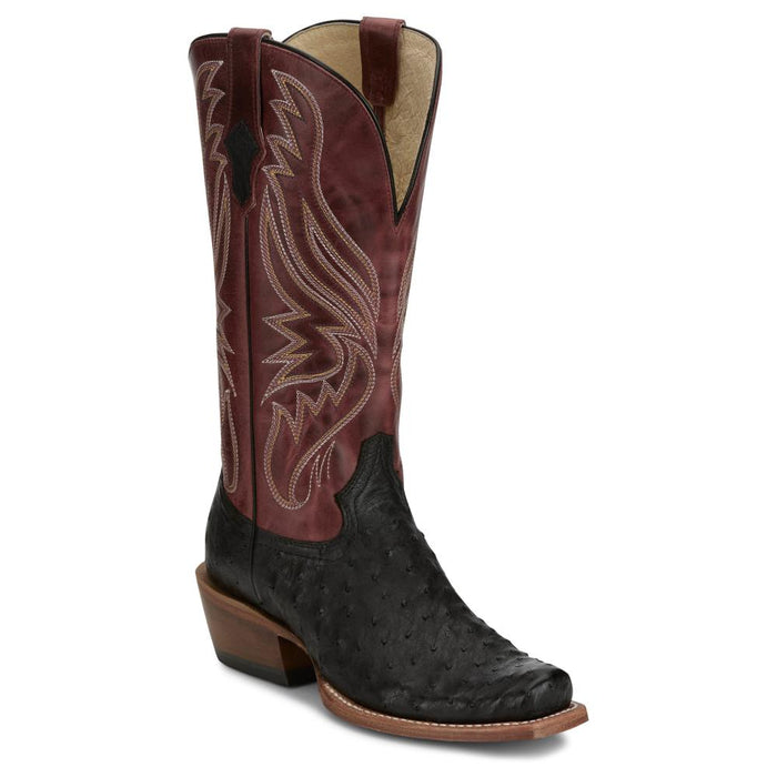 Tony Lama Women`s Black Full Quill Ostrich 13In Red Top Boot
