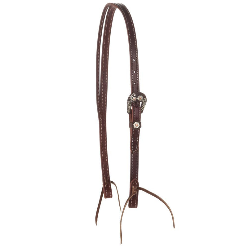 Stitched Dark Leather 3/4"Slit Ear Headstall with Antique Iron Flower Heel Buckle