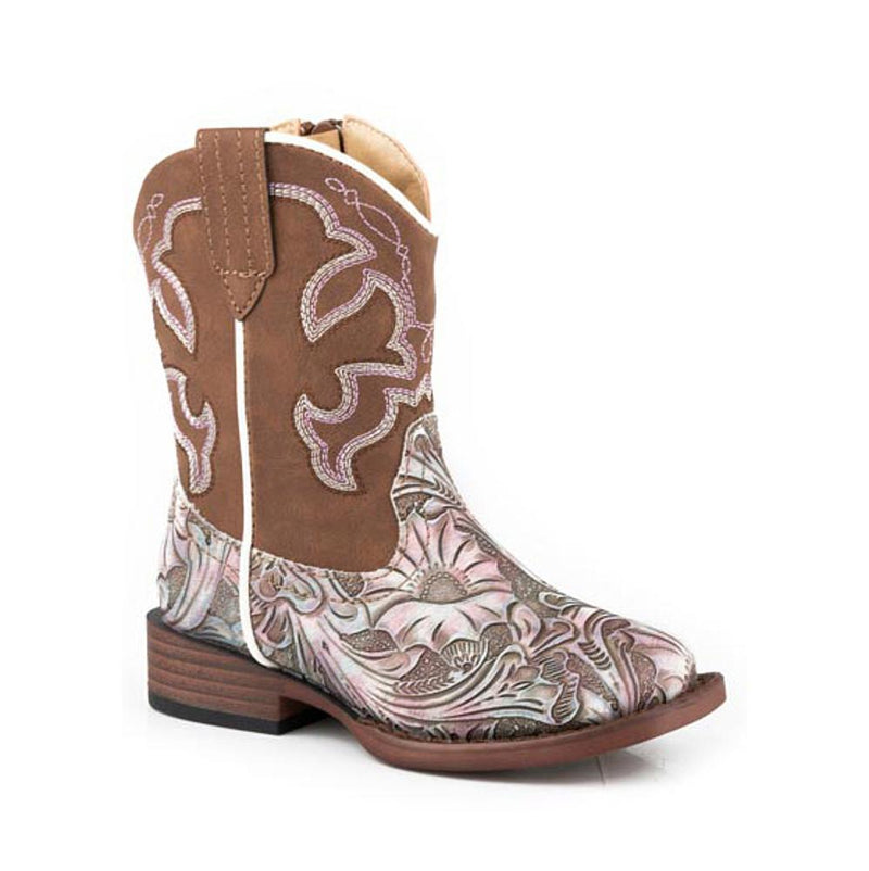 Raya Children`s White Floral Vamp with Brown Shaft Cowgirl Boot
