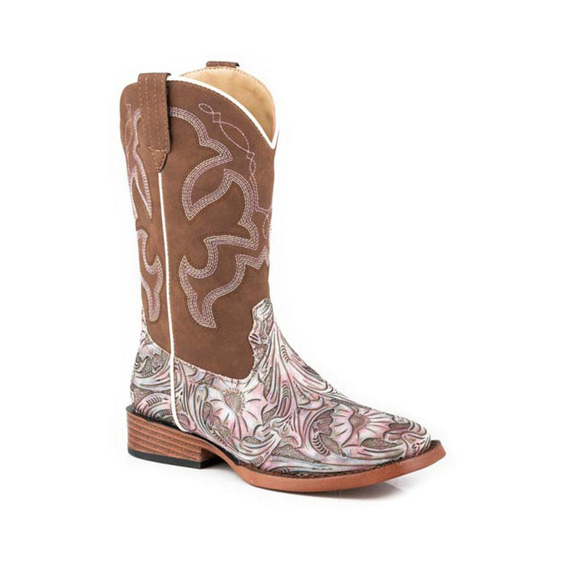 Raya Kid`s White Floral Vamp with Brown Shaft Cowgirl Boot