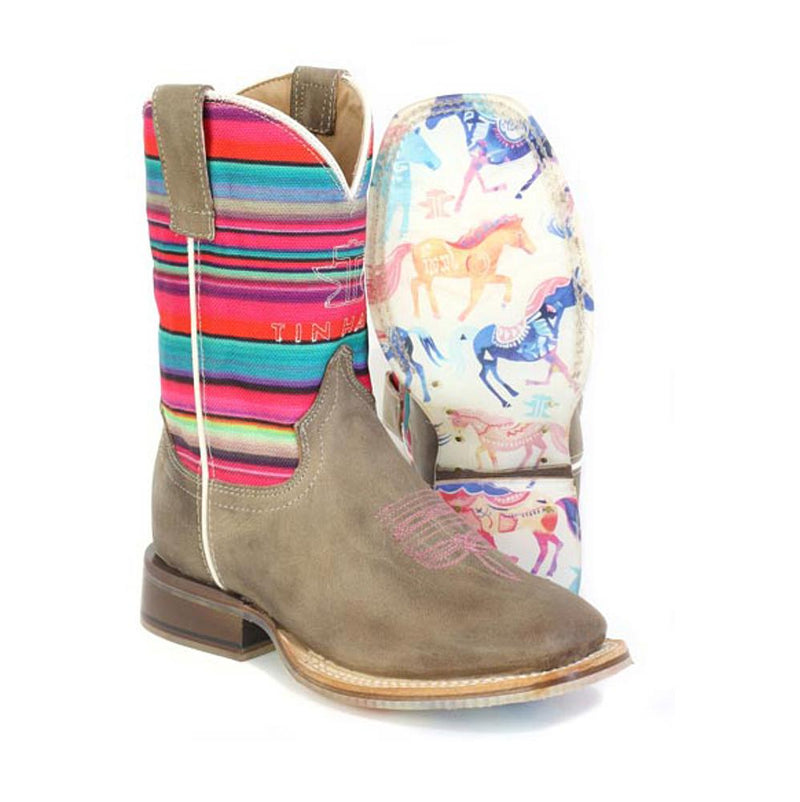 Kid`s Happy Serape and Colorful Horses Sole Square Toe Boot