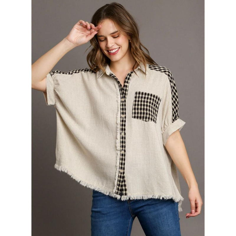 Women's Off White Linen Checkered Top