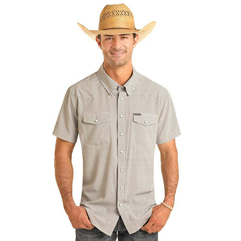 Men's White Geometric Print Snap Shirt