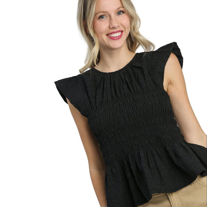 Women's Black Textured Smocked Peplum Top