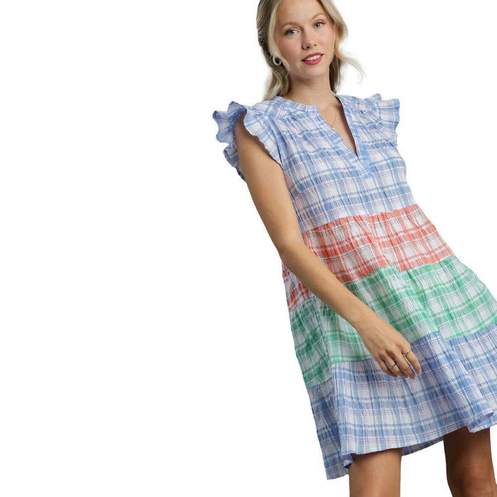 Umgee Usa Inc. Women's Blue Plaid Multicolor Tiered Dress Umgee Usa Inc. Women's Blue Plaid Multicolor Tiered Dress