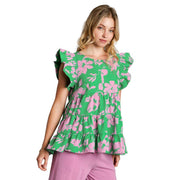 Umgee Usa Inc. Women's Green and Pink Floral Babydoll Top