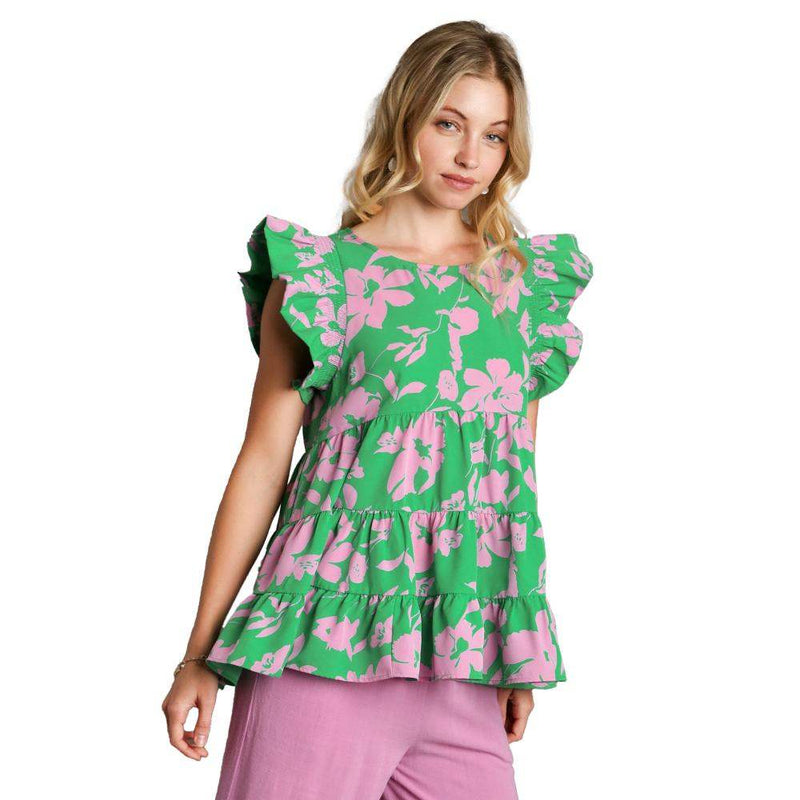 Umgee Usa Inc. Women's Green and Pink Floral Babydoll Top