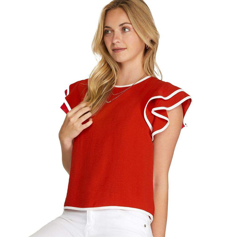 She & Sky Women's Red Ruffle Sleeve Top