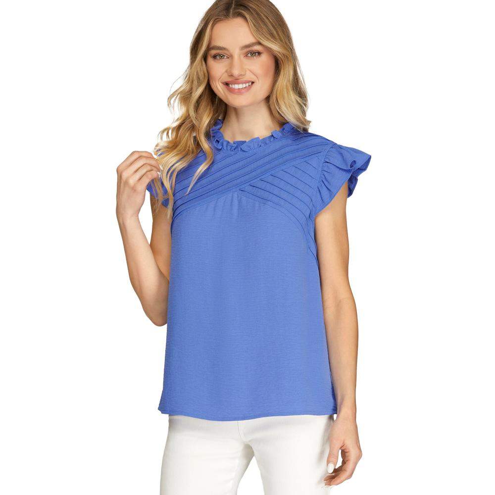 She & Sky Women's Cobalt Blue Pintuck Top