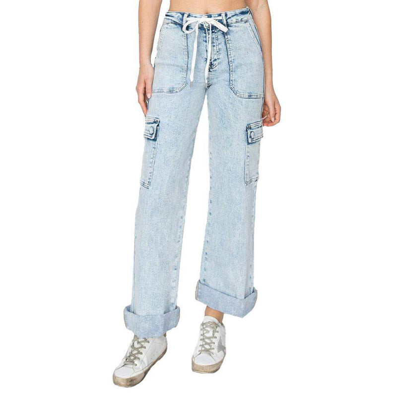 Women's Light Acid Wash Wide Leg Cargo Pants
