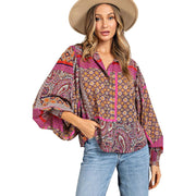 Women's Hot Pink and Red Boho Puff Sleeve Top