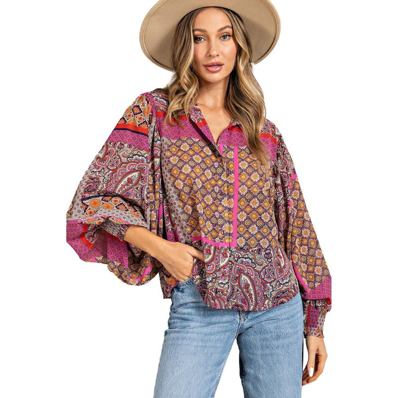 Women's Hot Pink and Red Boho Puff Sleeve Top