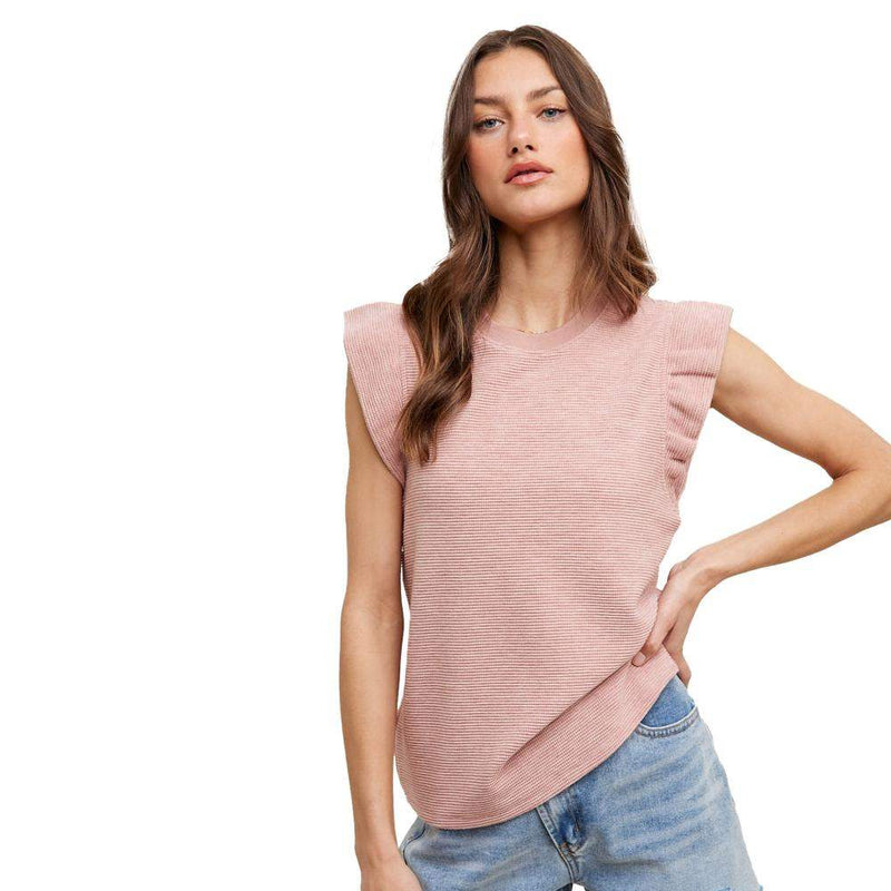 Women's Rose Ruffle Sleeve Waffle Top