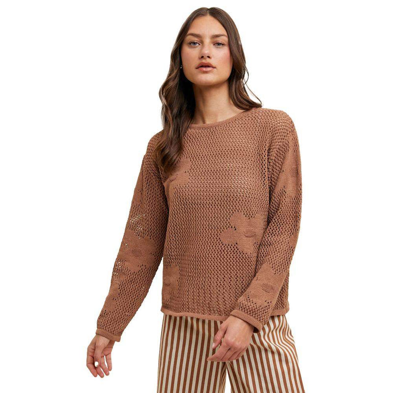 Women's Mocha Floral Crochet Sweater