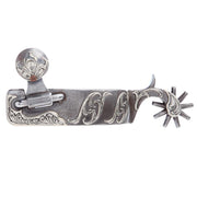 Silver Floral Bar Scroll Mens 1 7/8 Inch Band Western Spurs with 9 Point Rowel