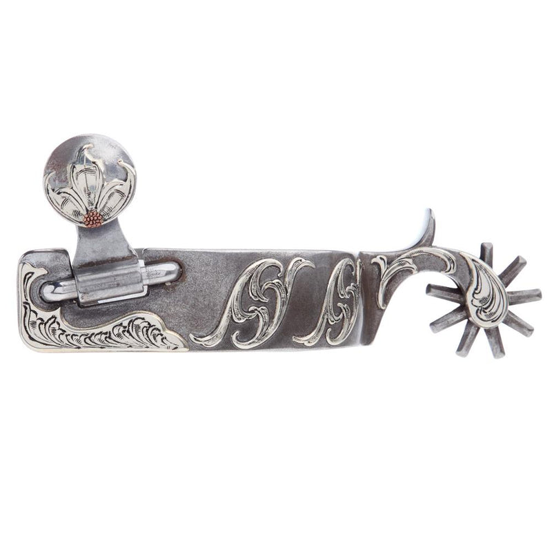 Silver Floral Bar Scroll Mens 1 7/8 Inch Band Western Spurs with 9 Point Rowel