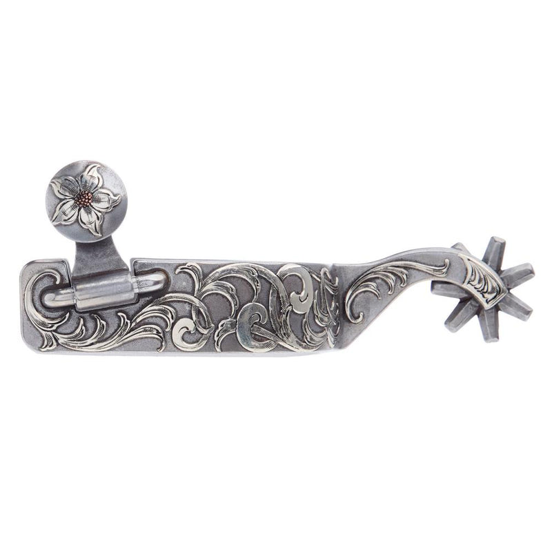 Engraved Silver Scroll Mens 2 Inch Band Western Spurs with 7 Point Rowel