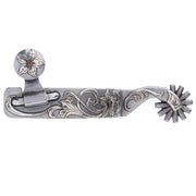 Engraved Silver Scroll Mens 1 7/8 Inch Band Western Spurs with 12 Point Rowel