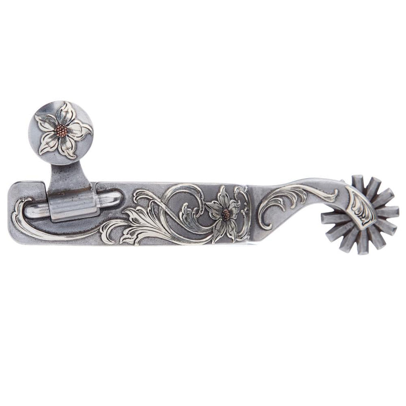 Engraved Silver Scroll Mens 1 7/8 Inch Band Western Spurs with 12 Point Rowel