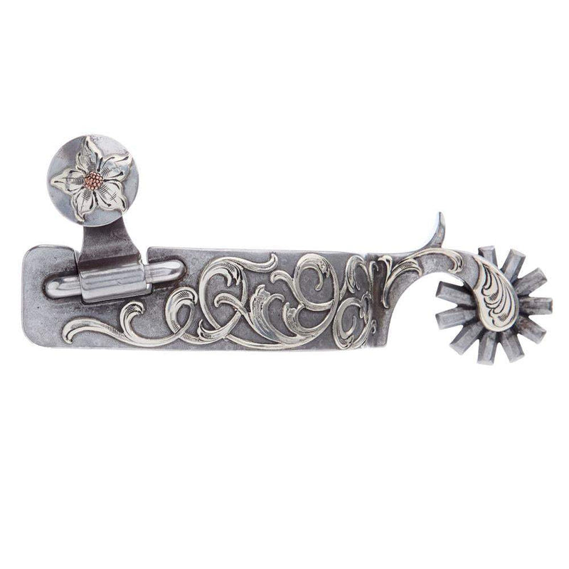 Engraved Silver Scroll Mens 2 Inch Band Western Spurs with 11 Point Rowel